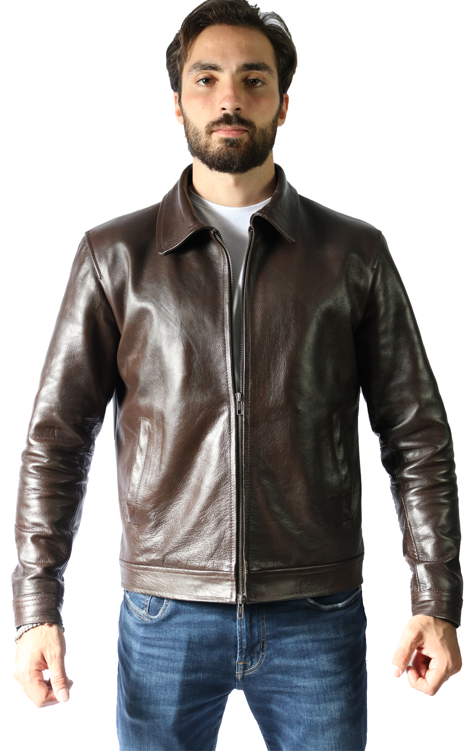 Cowhide Shirt Collar Brown Jacket – thebespokejackets.com