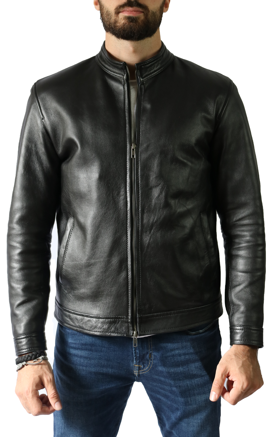 Sheepskin Band Collar cuff sleeves Black Jacket